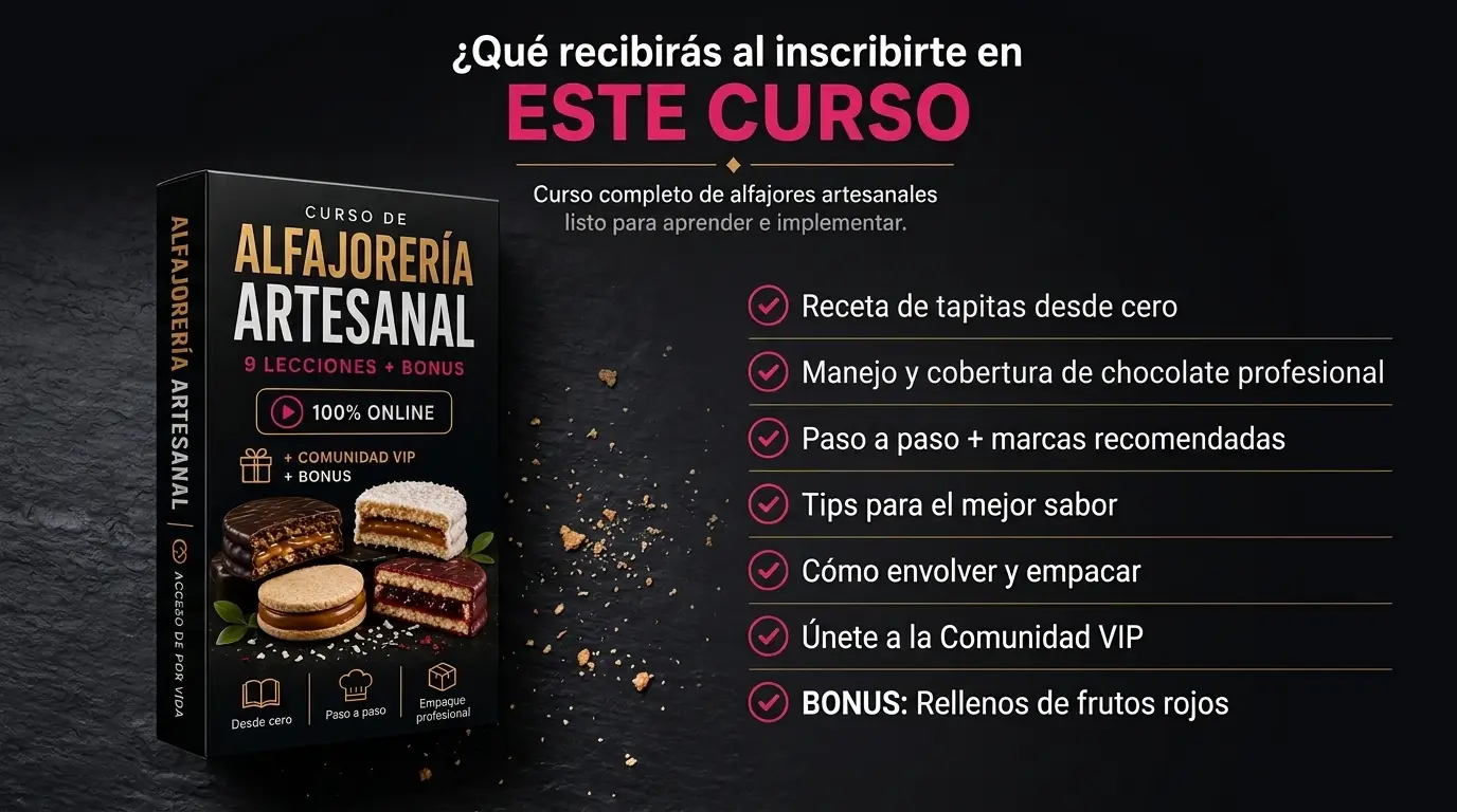 Qué recibes al entrar al curso de alfajores artesanales: Video paso a paso con receta marplatense, Recetario digital PDF descargable, Técnica para relleno de Frutos Rojos, Presentación y empaque premium, y Acceso a la comunidad de WhatsApp VIP